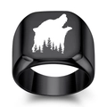Punk style black stainless steel square signet ring featuring laser engraved wolf and forest - US 8 / Gun Black