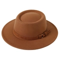 Macro detail of brown wool felt wide brim hat featuring a premium leather band and gold buckle - M(56-58cm) / Dark Brown