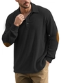 Heren polo sweatshirt met lange mouwen in zwart met ribbeltextuur en bruine elleboogstukken - S / Zwart