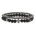 Macro detail of punk set with volcanic lava beads and cross charm on white background - 6MM Lava Stone & 4MM Hematite