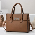 Brown lychee texture leather handbag with gold metal clasp and detachable shoulder strap - Brown