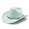 Detail of mint green suede cowboy hat with bohemian shell and turquoise bead band - Mint Green