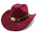 Classic burgundy suede western cowboy hat featuring a vintage bull head leather band - M (56-58cm) / Burgundy