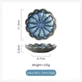Blue glazed ceramic lotus sauce dish with detailed size dimensions on white background - Petal Retro Blue