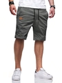 Detail van donkergrijze herenshort met zwart-wit trekkoord en bruin lederen label - S / Grijs