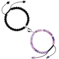 Pink zebra stone and matte black magnetic heart couple bracelets set - Purple Weathered Agate and Matte Stone