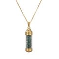 Detail of gold cylinder perfume bottle pendant with green crystals and Greek key pattern - 304 Gold Malachite