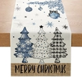 Runner da tavola natalizio con alberi blu e scritta Merry Christmas su effetto lino - Albero di Natale Blu