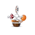 925 silver plated charm with mushroom basket and orange bead in high detail - PAC1350-Harvest Basket Mushroom Pumpkin Dangle