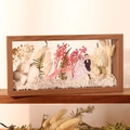 Rectangular wooden dried flower frame with bride and groom cartoon figures - 26x13x6cm / Walnut