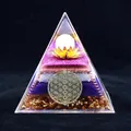Orgone pyramid with amethyst, gold foil, and flower of life totem in acrylic - 8cm
