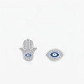 Asymmetrische S925 Silber Hamsa Hand und böse Blick Ohrstecker mit blauem Emaille-Akzent - 925 Sterlingsilber