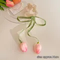 Beige chiffon scrunchie with long green ribbons and pink tulip pendants for women - Beige Ribbon Tulip Hair Tie