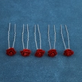 Set of 5 red velvet rose U-shaped hair pins for wedding hairstyles and hair styling - Velvet Rose Style (FZ-001) / 5 Pcs Set / Red