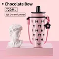 720ml pink bow insulated cup with 316 ceramic liner and floral charm strap - Pink (Ceramic Liner)