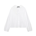 Women's white poplin shirt with high neck ruffles and lantern long sleeves - XS / White