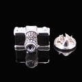 Vintage camera enamel pin in silver finish with matte black texture and butterfly clasp - Silver Camera