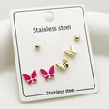 Three-piece stainless steel earring set featuring gold beads and pink enamel butterflies - Ball & Butterfly Design Set (TZ-ET0044-02)