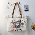 Bohemian canvas tote bag with white fringe trim and rainbow butterfly print design - Rainbow Print / 47x35x13cm