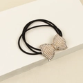 Elastic black hair tie with golden bow featuring white pearls and clear rhinestones - Bowknot with Pearl / Gold/Black