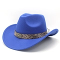 Bright blue wool felt western cowboy hat featuring ethnic woven band and bull head emblem - M (56-59cm) / Blue