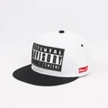 Detail of a snapback cap with Parental Advisory logo and contrast black flat brim - Adjustable / Black Brim White Hat