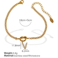 Gold finish stainless steel chain bracelet featuring a letter V rhinestone heart pendant - Letter V Rhinestone Gold Bracelet (SL100 White Rhinestone V)