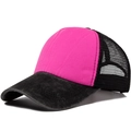 Pink mesh trucker hat with grey washed brim and breathable black netting in side view - Adjustable / Rose Red