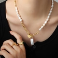 Collier en perles de culture baroques avec chaîne dorée et pendentif cœur gravé LOVE - Style de Splicing Perle de Coeur d'Or / 45+5cm