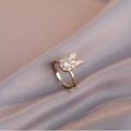 Adjustable golden bunny ring with white enamel and sparkling zircon on silk - Rabbit Ring (J0037) / Gold