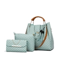 Three-piece light blue checkered PU leather handbag set with brown straps and tassel charm - Green