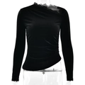 Elegante abito nero monospalla in pizzo con dettagli arricciati e orlo asimmetrico - S / Stile con Scollo Asimmetrico Patchwork / Nero