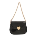 Fashionable black patent leather square bag with gold heart clasp and chain strap - Black