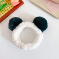 White plush hairband with dark green pom poms and soft furry panda ear style - Dark Green