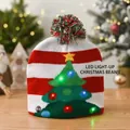 LED Christmas knit hat with red and white stripes and glowing green Christmas tree - Christmas Tree
