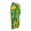 Detail of tropical green leaf print wrap sarong skirt with side tie waist design - One Size / Bandana