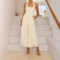 Women's light yellow linen halter neck high waist wide-leg jumpsuit for summer holidays - S / Apricot