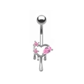 Silver belly button ring with pink heart zircon and fluid drop design on white background - Silver With Pink Zirconia