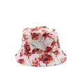 Detail of a white canvas bucket hat with red and orange 3D floral prints for sun protection - One Size / White Base Red Orange Art Floral (02)