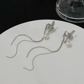 Elegant long silver tassel earrings with pearl and leaf accents on white tray - Leaf Artificial Pearl Tassel Style (A-953)