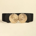 Detail of a black elastic waist belt featuring a radiant gold circular metal buckle - Black