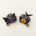 Detail of Halloween hair clips featuring purple spider, orange pumpkin, and silver tassels - Pumpkin and Spider Shape Hairpins