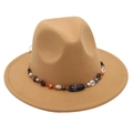 Close-up of khaki wool fedora hat featuring colorful bohemian beaded hat band decoration - One Size / Camel (Obsidian Decoration)