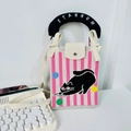 Pink striped knit phone bag with cartoon cat pattern and black padded top handle - Striped Black Cat (Handle + Strap)