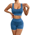 Blue ribbed two-piece yoga set with U-neck sports bra and high-waist fitness shorts - S / Top And Bottom / Dark Blue