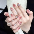 Pink gradient press-on nails with 3D butterfly, rose, and pearl decorations - Soft Pink Butterfly W107 - Boxed Tool Kit