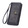 Black long leather wallet with retro buckle and white stitching on white background - Black