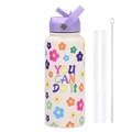 Borraccia sportiva termica da 1L bianco crema con tappo a cannuccia viola e fiori - Bianco Avorio 23A