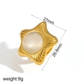 Exaggerated star shaped 18k gold plated stainless steel ring with white cat eye stone - Adjustable Open / Textured Star Style (TR4358)