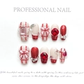 Handmade red and white plaid press-on nails with 3D bow, pearls, and red gemstones - Extra Small (XS) / Red White Rhinestone Plaid (1410)